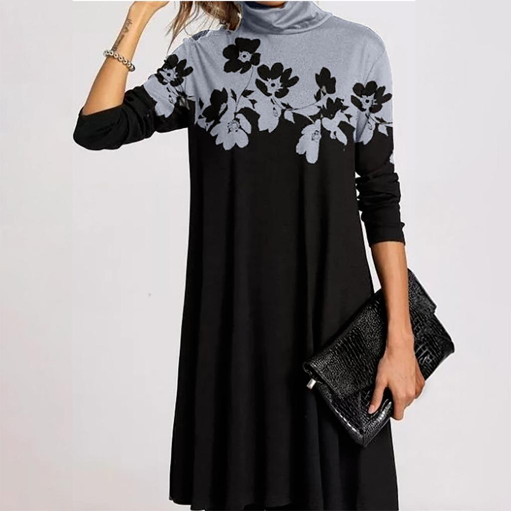 Ladies Fashion Print Half High Neck Long  Sleeve  Loose Straight  Dress