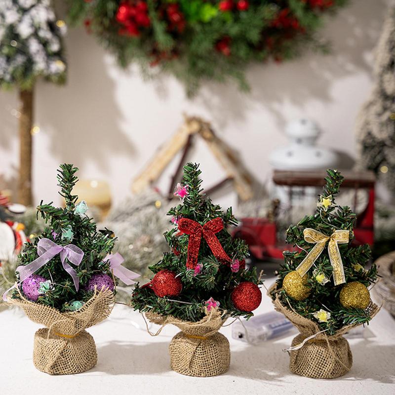 Small Christmas Trees With Lights 3 Pieces Faux Plant With Burlap Base Desk Christmas Tree For Bedside Table Bookshelf Birthday