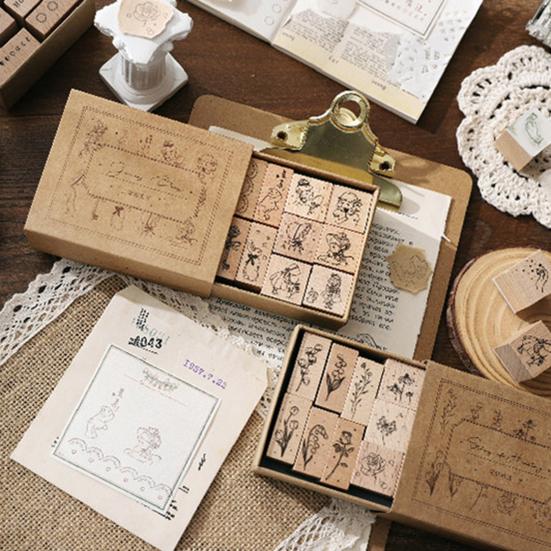 12 Pcs Vintage Wood Rubber Stamp Universe Letters Number Flowers Retro Stamp Set for DIY Art Craft Journals Scrapbooking Planner Card Making