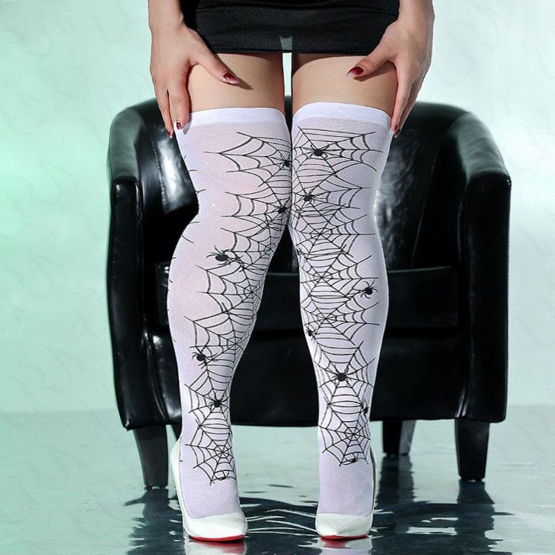 Skull Print Thigh-High Halloween Stockings – Polyester Over-the-Knee Socks