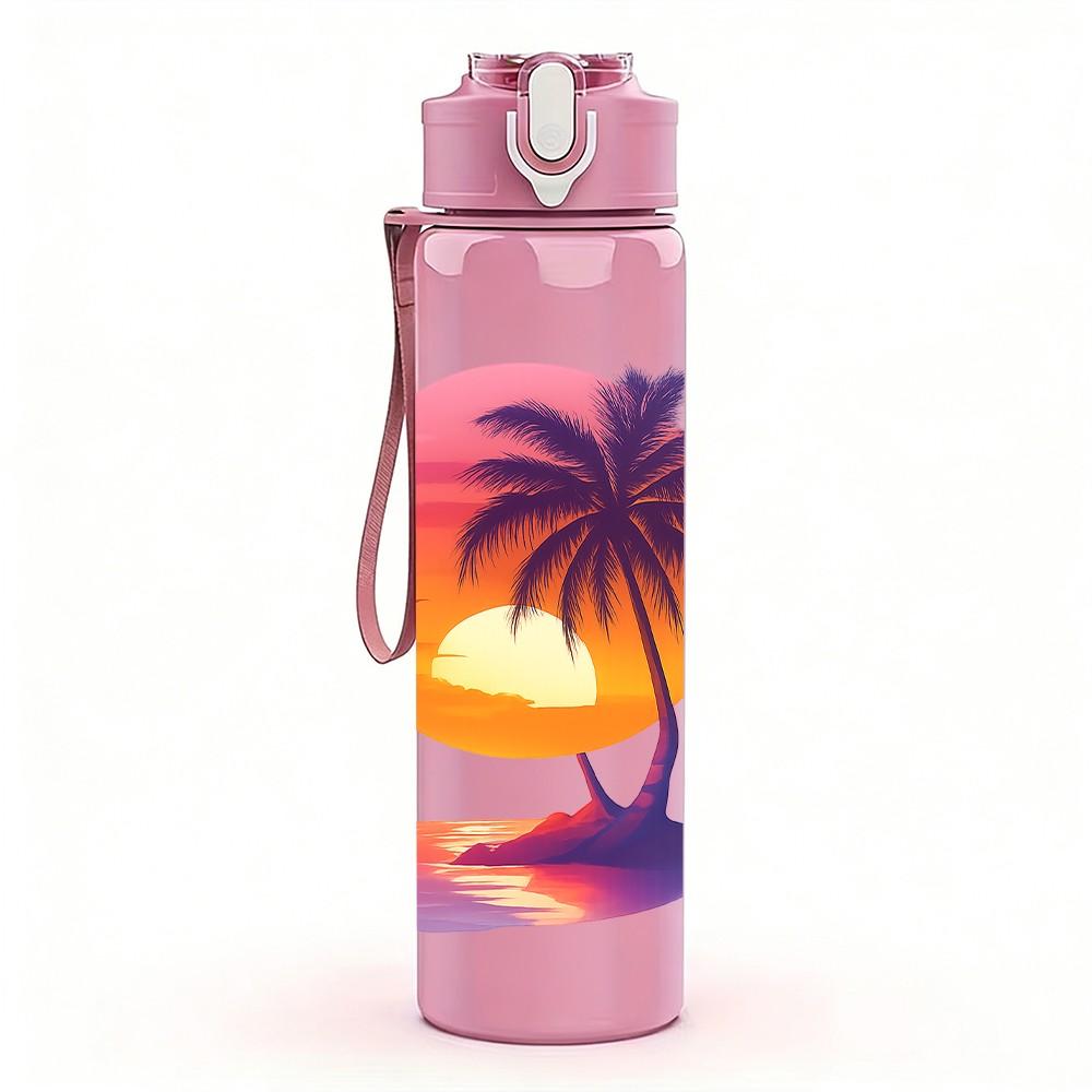 1PC Sunset Palm Beach Scene 750ml Color Plastic Sports Water Bottle Leakproof Flip Straw Lid Suitable for Sports Office Home Use