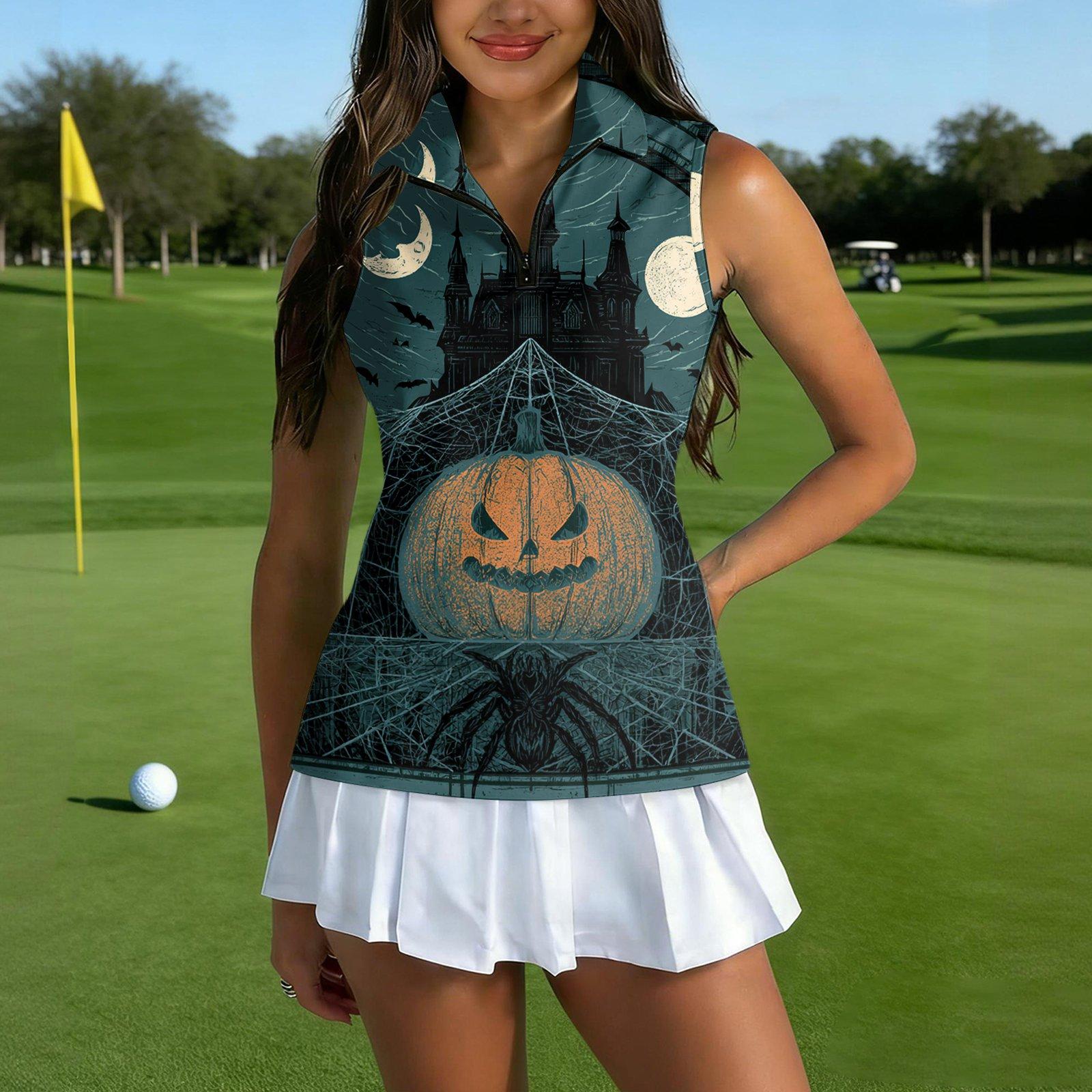 Women s Sleeveless Golf Shirt with Zip Front and Collar, Halloween Print Sporty Vest L