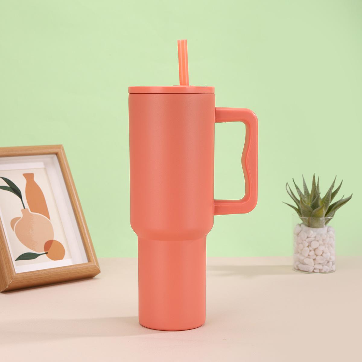 

40oz Stainless Steel Vacuum Thermos Tumbler Leak-Proof Mug with Handle Lid & Straw Keep Cold or Hot for Travel Car Coffee Drinks 40oz помаранчевий