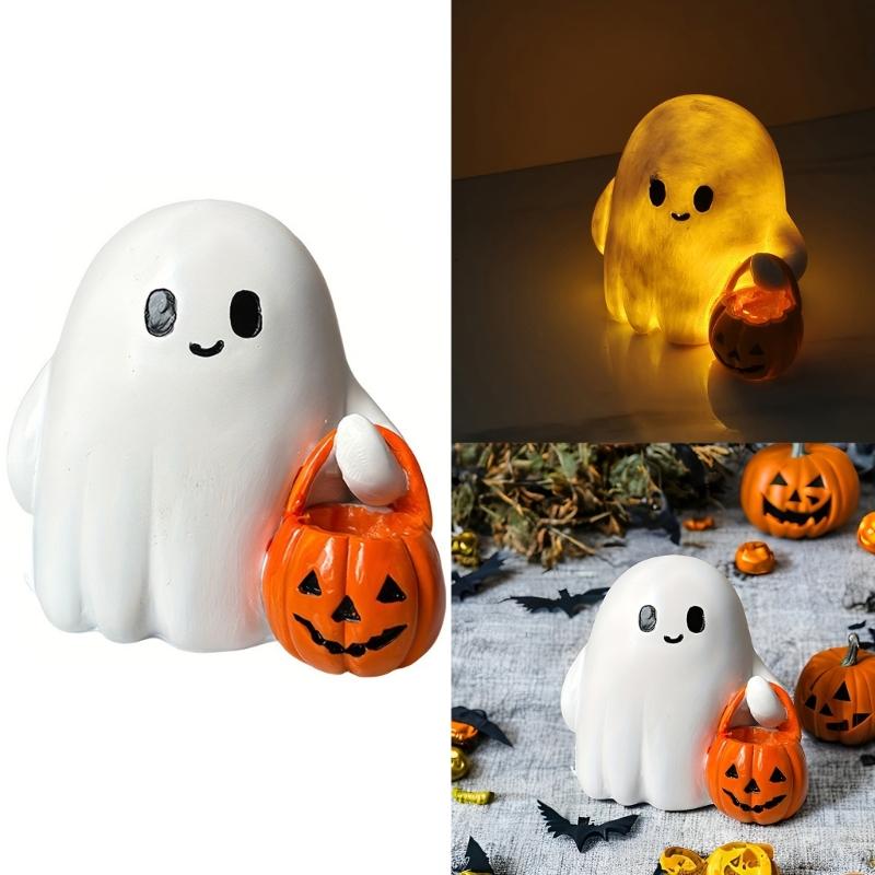 Ghostly Holding Pumpkin Bucket Resins Statue LED Nightlight Halloween Decoration For Indoor Festives Display