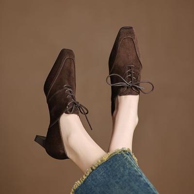 Fashion NEW Spring/Autumn Women Pumps Square Toe High Heel Shoes Concise Sheep Suede Leather Shoes for Women Brown Lace-up Handmade Shoe