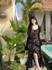 Black Floral Camisole Dress for Women - 2025 Summer Retro Mid-Length with Waist Slimming Design