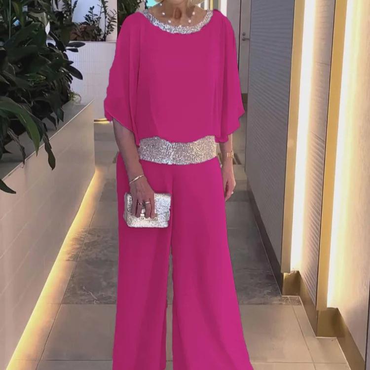 

Женский новый костюм с круглым вырезом, блестками, цветной блокировкой, рубашка летучая мышь, широкие брюки, костюм 3XL розы красного