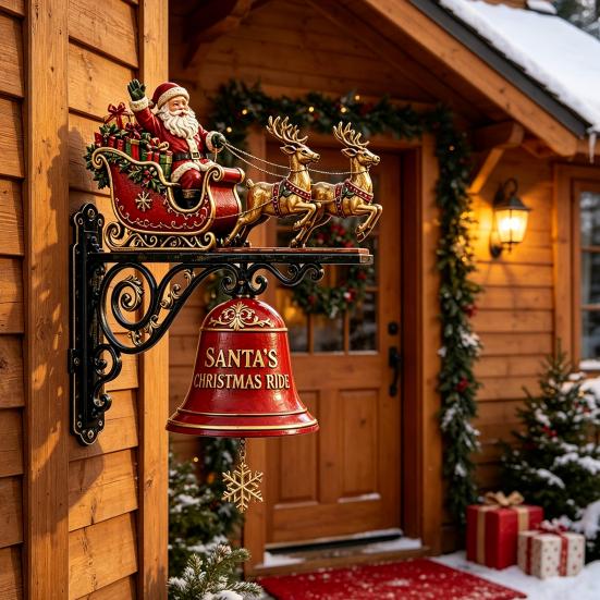 Festive Courtyard Balcony Accents Christmas Bell Wall Hanging Decoration, Santa Sleigh Reindeer Ornament, Large Decorative Indoor Mounted Ornaments
