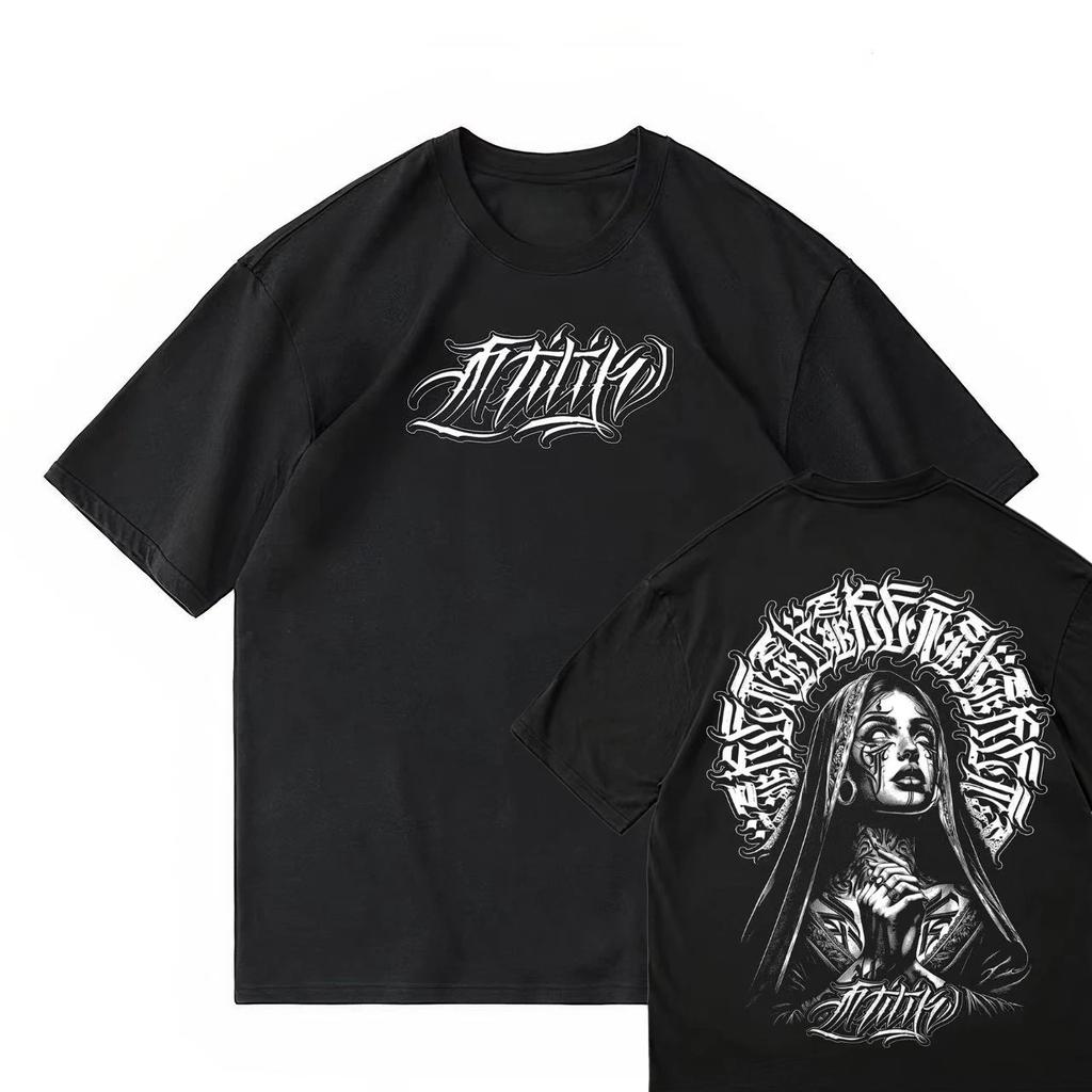 Tattoo Trendy Manga Tattoo West Coast Street Dance Chicano Flower Font Cartoon American T-shirt Cotton Same Gender Design Summer