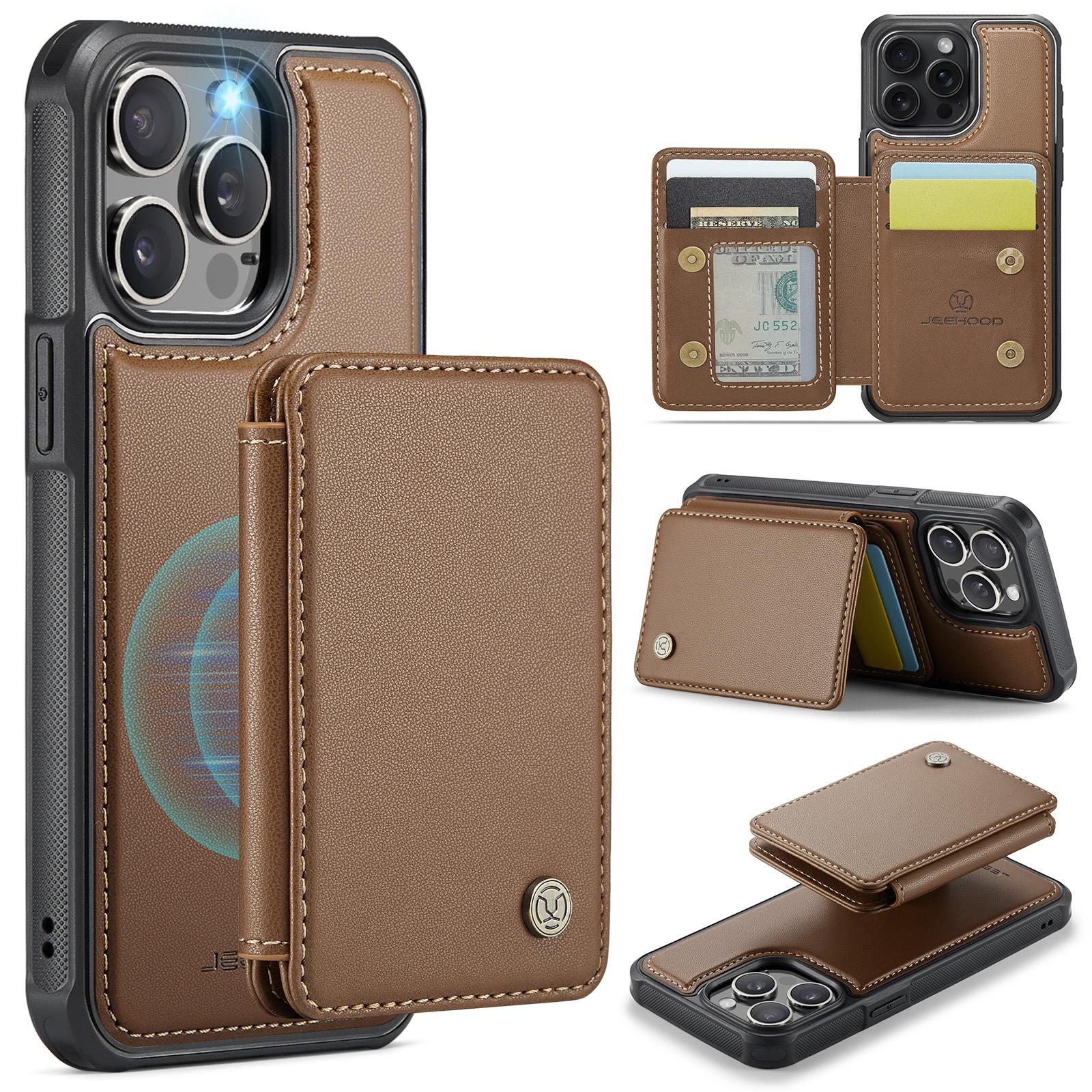 

For iPhone 15 Pro Case Leather Mobile Cover with Detachable Magnetic Card Bag Brown
