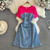 Short Sleeve Denim Dresses for Woman Fake Two Jeans Patchwork Women's Dresses A Line Lace-up O Neck Vestidos Dropshipping