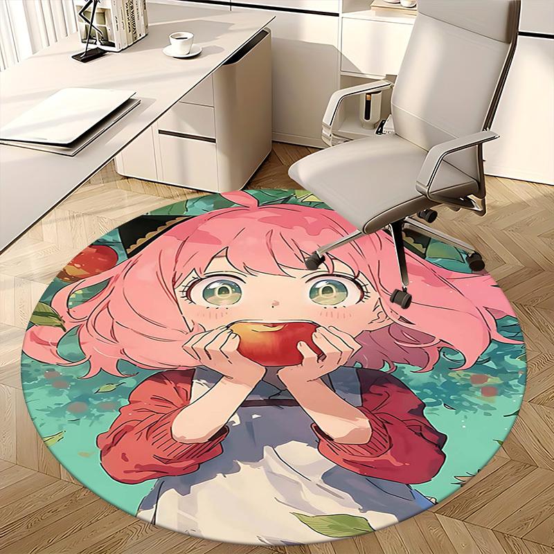 1pc Anime Design Round Carpet Cute Girl Eating Apple with Green Leaves Background, Office Chair Mat, Non Slip Rug, Living Room, Bedroom, Game Room