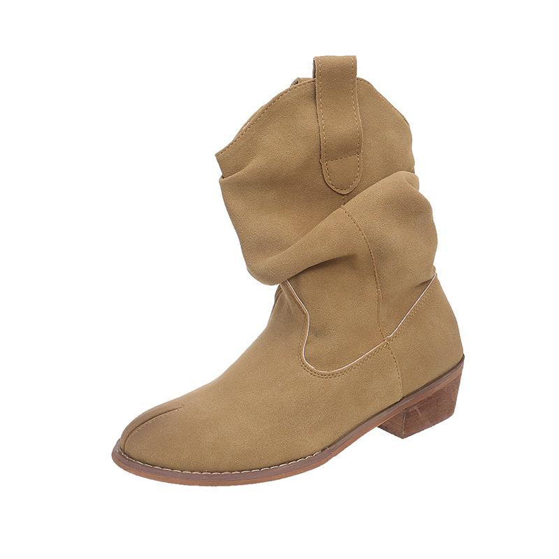 Sheepskin version~ inner height-increasing retro pleated stacking boots women's V-mouth suede mid-tube western boots versatile thick-heeled knight bo