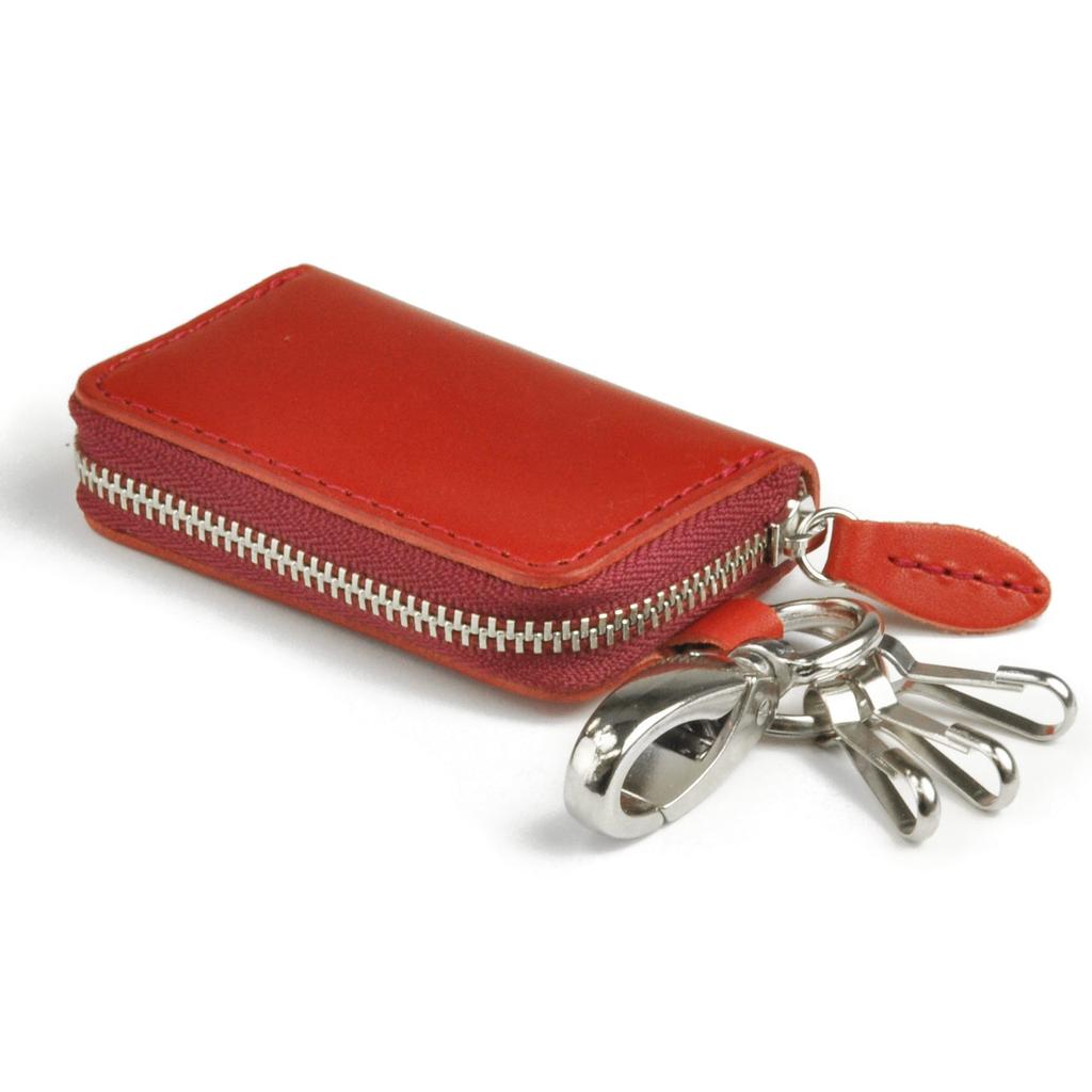 Hergestellt in Japan, Tochigi Leder-Smart-Key-Etui, echtes Leder, Smart-Key-Abdeckung mit Karabiner, runder Reißverschlusstyp [Ideal Time] (rot)