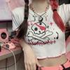 Harajuku Style Women Summer Short Sleeve Round Collar Skull Printed Bare Midriff Crop Top