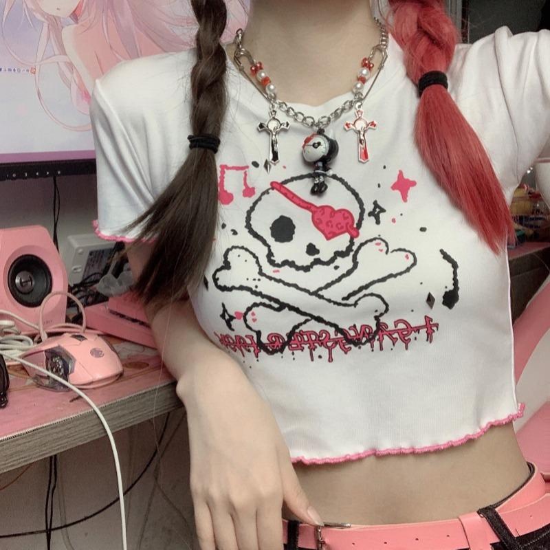 Harajuku Style Women Summer Short Sleeve Round Collar Skull Printed Bare Midriff Crop Top