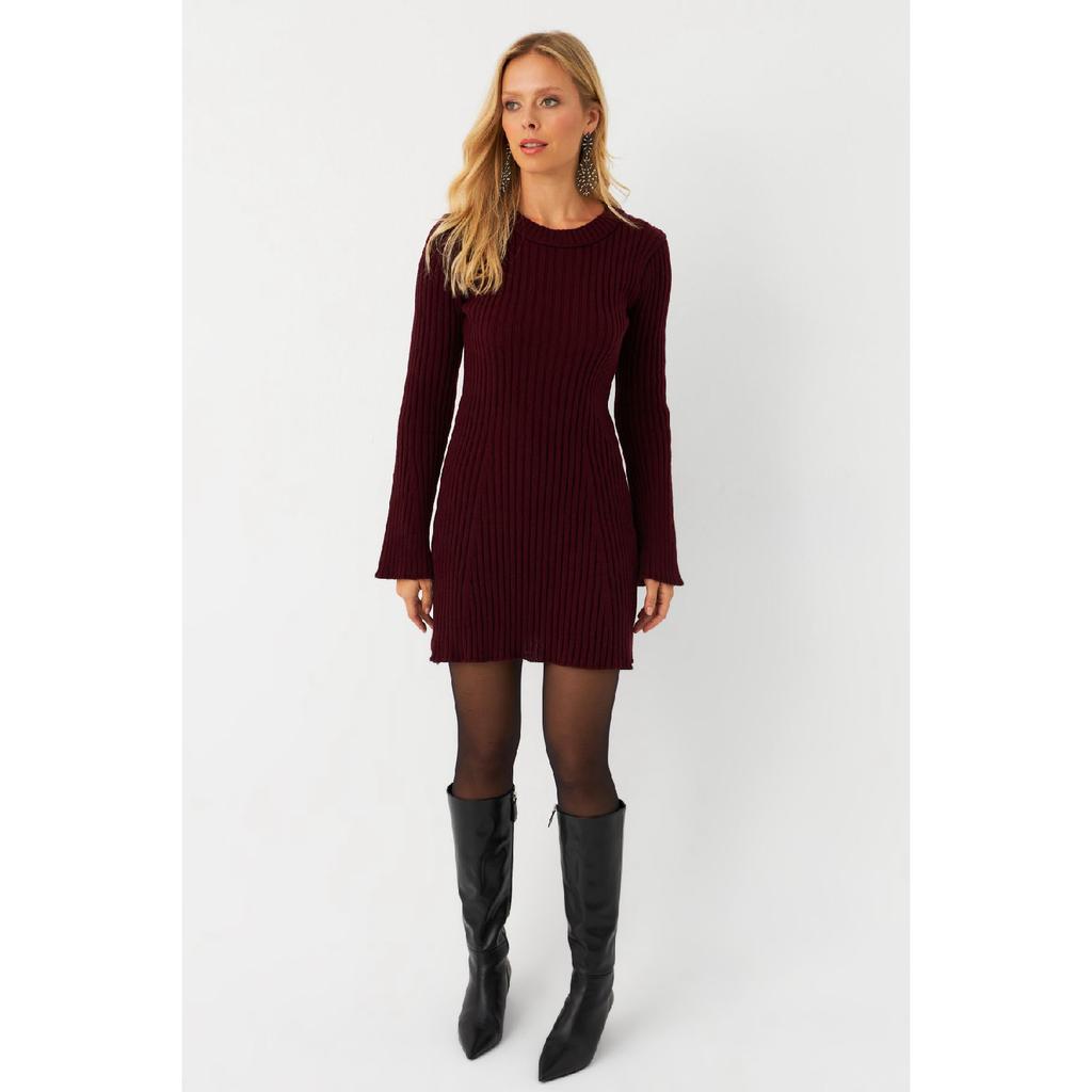 Women's Burgundy Spanish Sleeve Knitwear Mini Dress Yv273