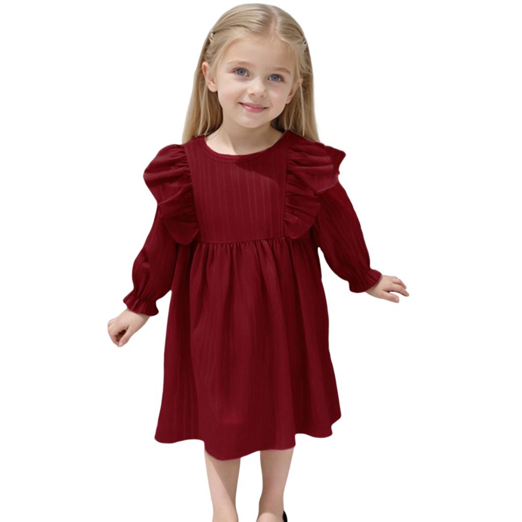 Girls' Fashion Cute Solid-Color Lace Flutter-Sleeve Princess Tiered Dress