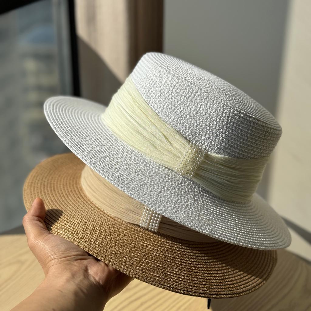 New French White Top Hat Summer Beach Vacation Visor Hat Straw Hat