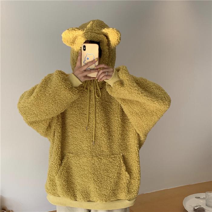 Plus Size Women's Faux Lambswool Bear Ear Hoodie - Loose Fit for Autumn/Winter