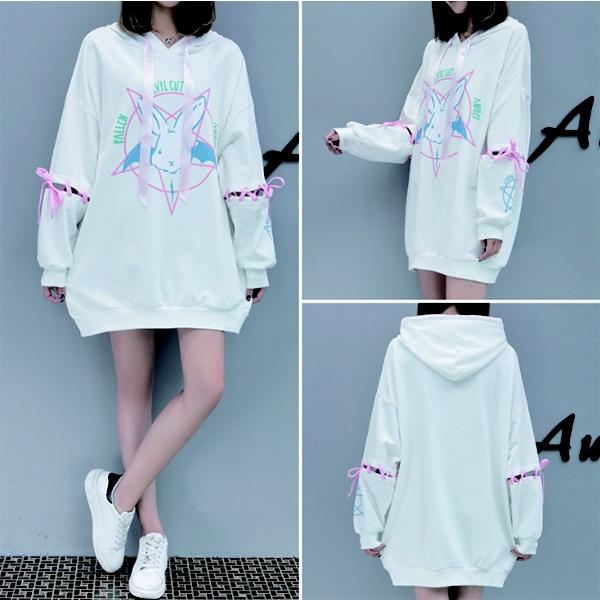 Harajuku Pentagram Lace Embossed Women's Polar Hoodies Punk Gothic Cute Bunny Oversize Hooded Velvet Sweatshirt Jersey Streetwear