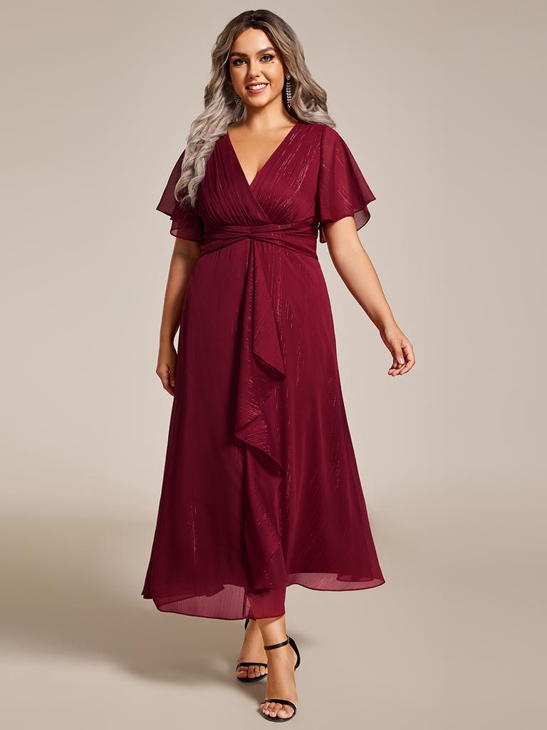 Ever-Pretty Women's Plus Size Shimmer Short Sleeve A-Line Midi Wedding Guest Dress with Ruffled Hem