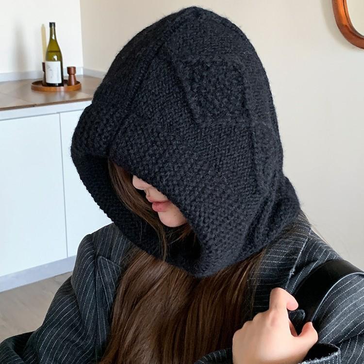 Korean Winter New Version of Balaclava Hat for Women's Warm Thick Crumpled Horn Buckle Ear Protection Head Hat