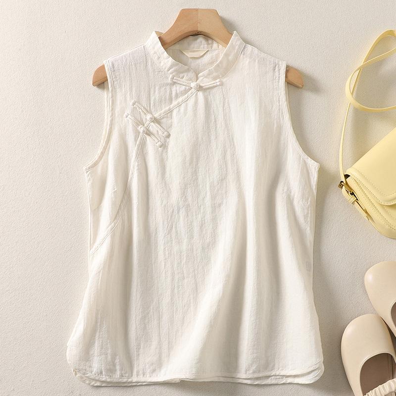 Chinese Vest Women Summer Sleeveless Blouse Retro Buckle Split Linen Shirt Soft