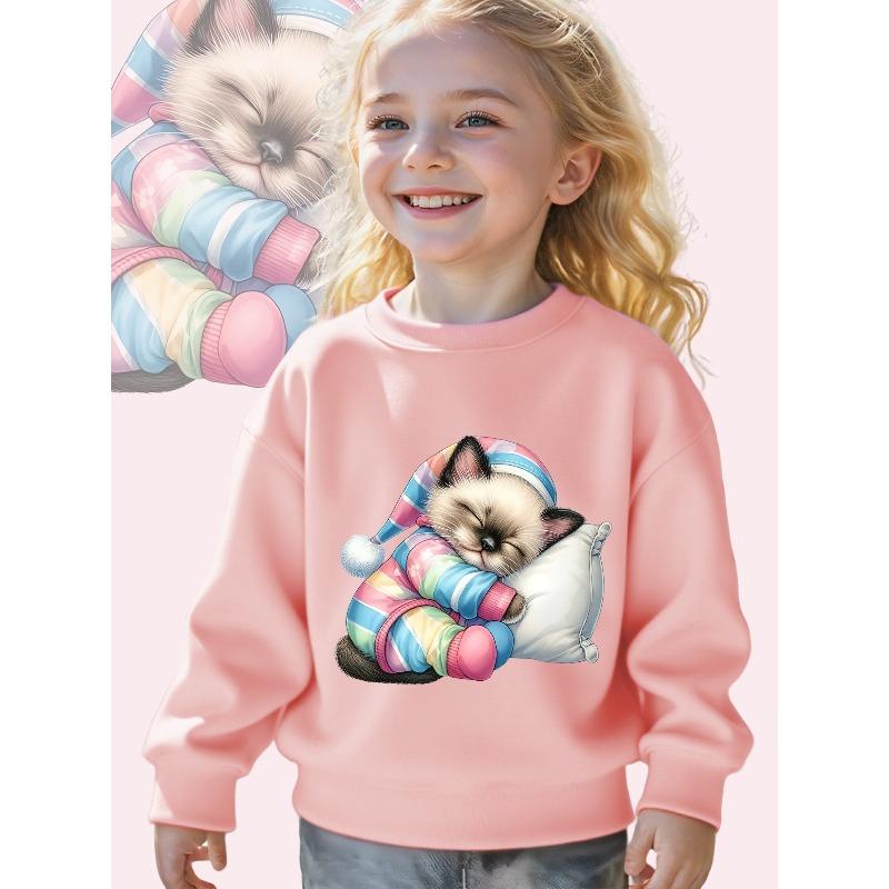 Girls' Pastel Cat Print Sweatshirt - Soft Pastel Pink & Blue Sleeper Design, Cozy Loose-Fit Long Sleeve Crewneck