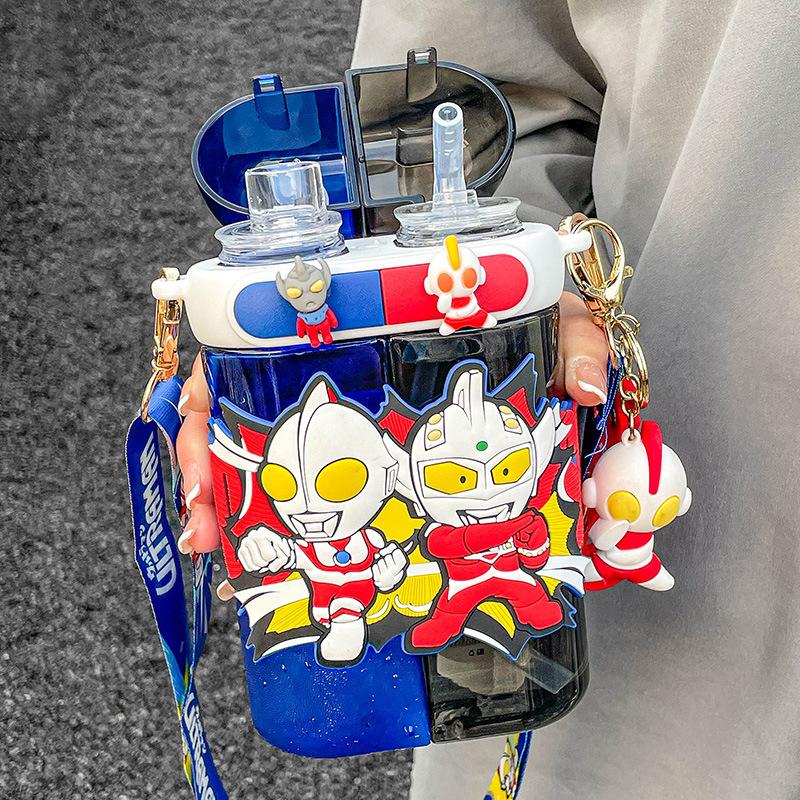 Ultraman Children's Water Cup Is Made of Special Material for School, Double Drinking Cup with Straw, High Temperature Resistance and Anti-drop.