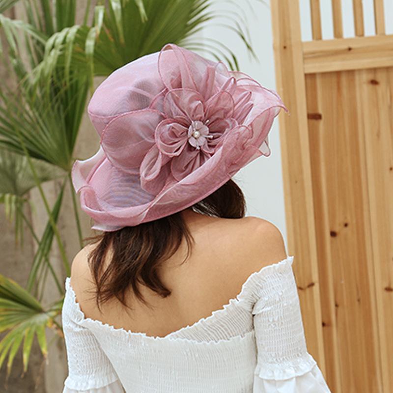 Women's Bright Color Sun Protection Hat - Breathable Organza with Single Flower for Spring/Summer Beach Travel