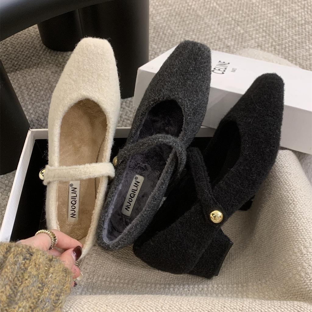 Medium velvet Mary Jane outer wear autumn and winter square head single shoes high heels evening shoes shoes fluffy shoes women