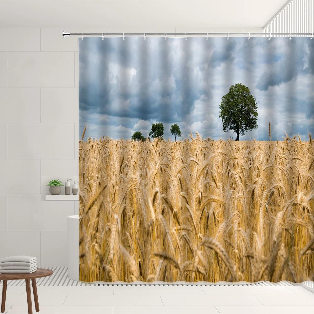 

Farm Scenery Shower Curtain Vintage Farmhouse Straw Stack Waterproof Polyester Fabric Bathroom Screen Decoration With Hooks W60H190(CM)-1 Pcs