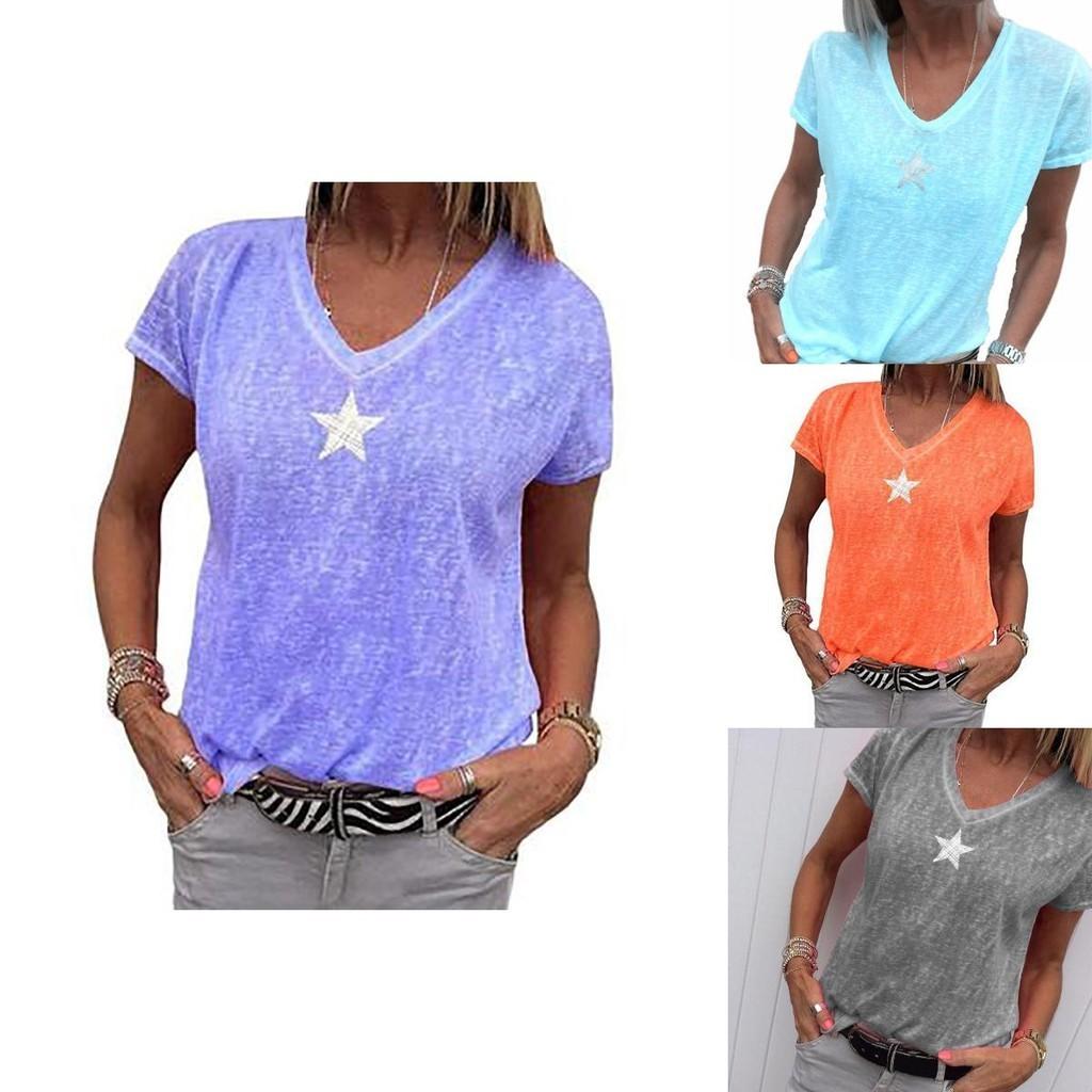 Stylish Women V-neck T-shirt Casual Loose Star Summer Shirts Solid Short Sleeve Perfect For Outdoor Activities