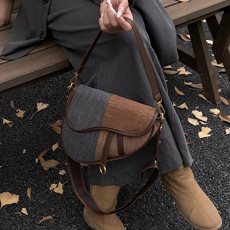 Bag women's bag new fashion often shoulder bag trendy texture messenger bag niche contrasting color splicing saddle bag