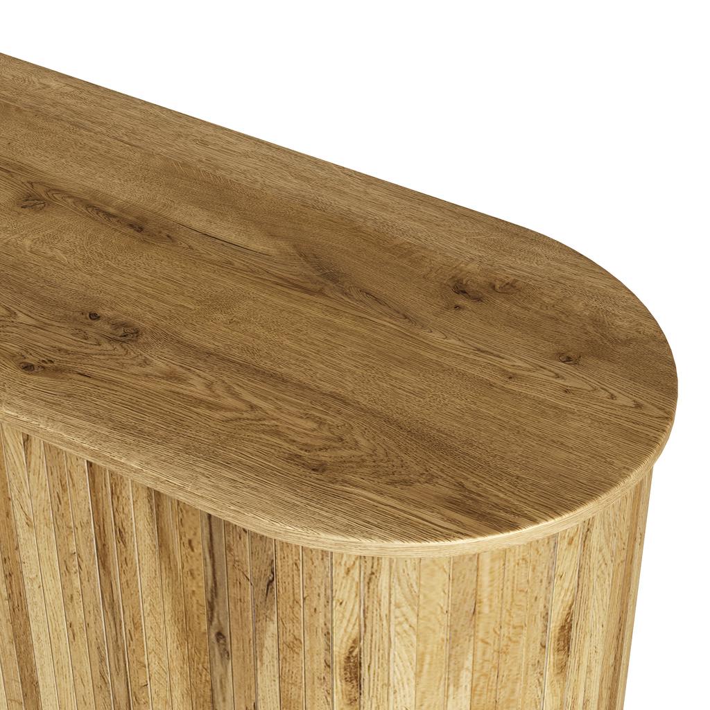 Sideboard mit vertikaler Maserung, zwei Schiebetüren, zwei Schubladen, Beine aus Massivholz und Eckschrank mit abgerundeten Ecken für das Wohnzimmer.
