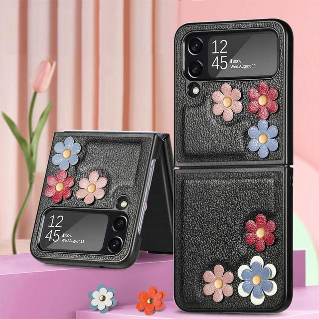 For Samsung Galaxy Z Flip 4 5g Case Korean Style Three -Dimensional Flower Leather Case For Galaxy Z Flip 4 5g Lightweight Cover