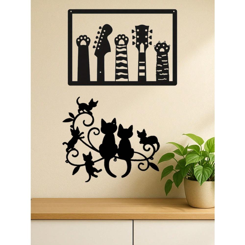 Vintage Guitar & Cat Metal Wall Art Decor Set, Two-Piece Sculpture for Modern Home Accent, Living Room, Bedroom, Waterproof Rustproof Iron Art
