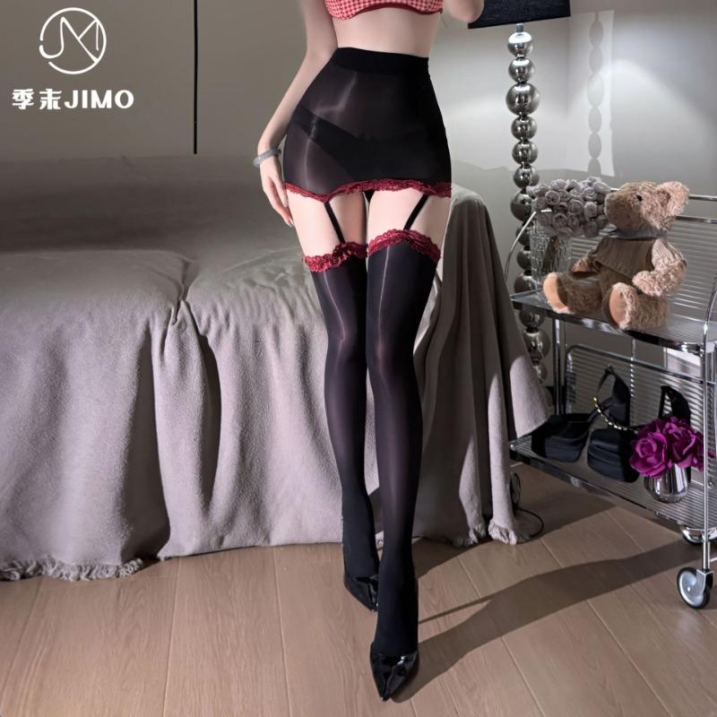 "Neon" contrasting color suspender integrated hip-wrapped stockings ultra-thin aurora oily red edge oily black silk