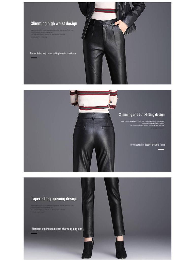 Women's Plus Velvet Thickened Leather Harem Pants, Slim-Fit, High-Waisted, 2024 New Autumn/Winter Style