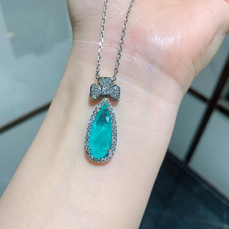 New Simulation Paraiba Necklace Ear Hanging Emerald Pear Shaped Banquet Jewelry Set 8X20