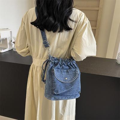 Pleated Bucket Bag Women's Denim Bag Small Shoulder Bag Crossbody Bag
