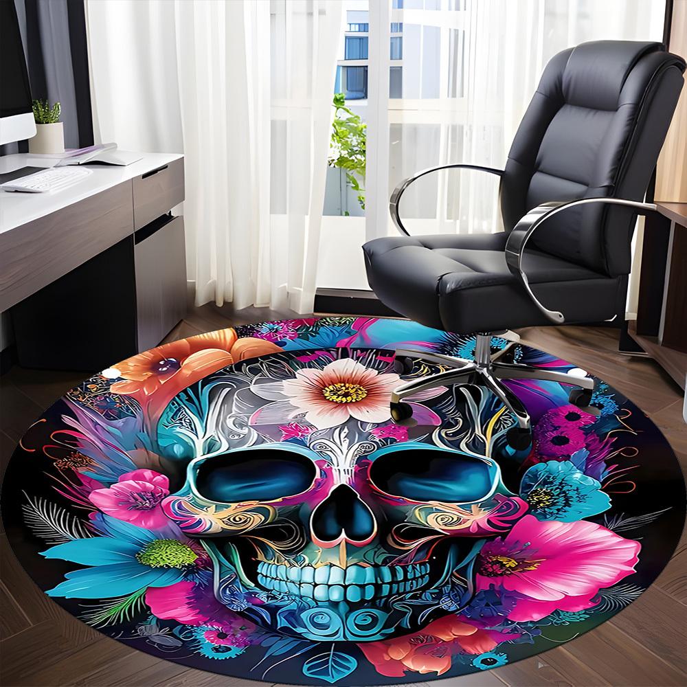 1pc Skull Flowers Office Round Area Rug,  Mat Suitable For Office, Under Office Chairs Bedroom Living Room Home Decor, Room Deco