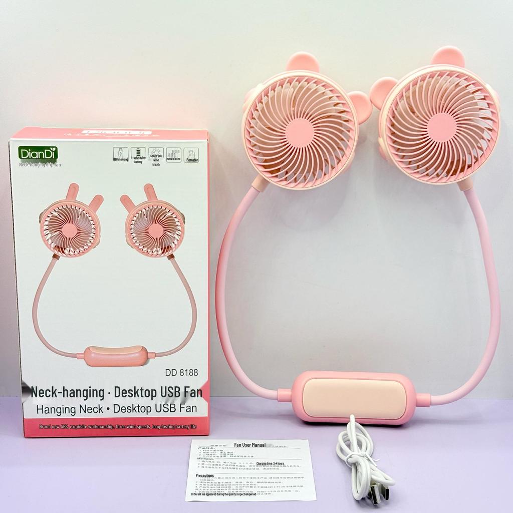 Portable Cartoon Pocket Fan: USB Rechargeable, Hanging Neck, Desktop Use, Ideal for Students & Outdoor Activities