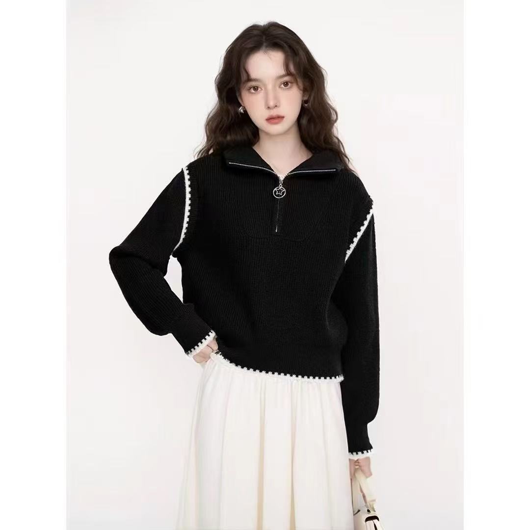 

Design Simple Grey Zipper High Neck Sweater Women s Autumn/Winter New Loose Knitted Sweater Korean Version Top Women s Trendy One Size чёрный