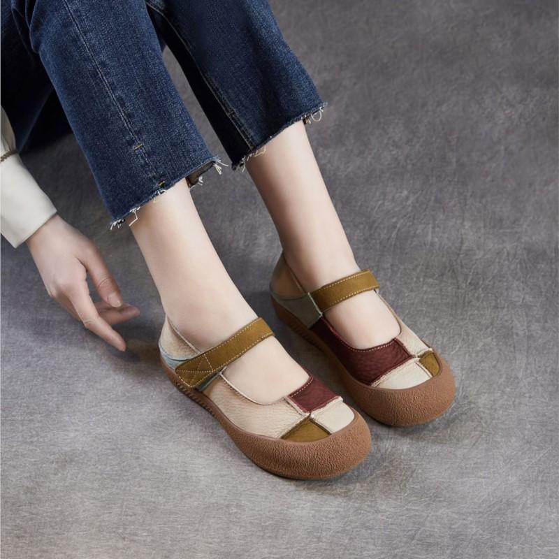 Johnature Genuine Leather Mixed Colors Soft Soled Women's Shoes Retro Round Toe Shallow Flat Shoes