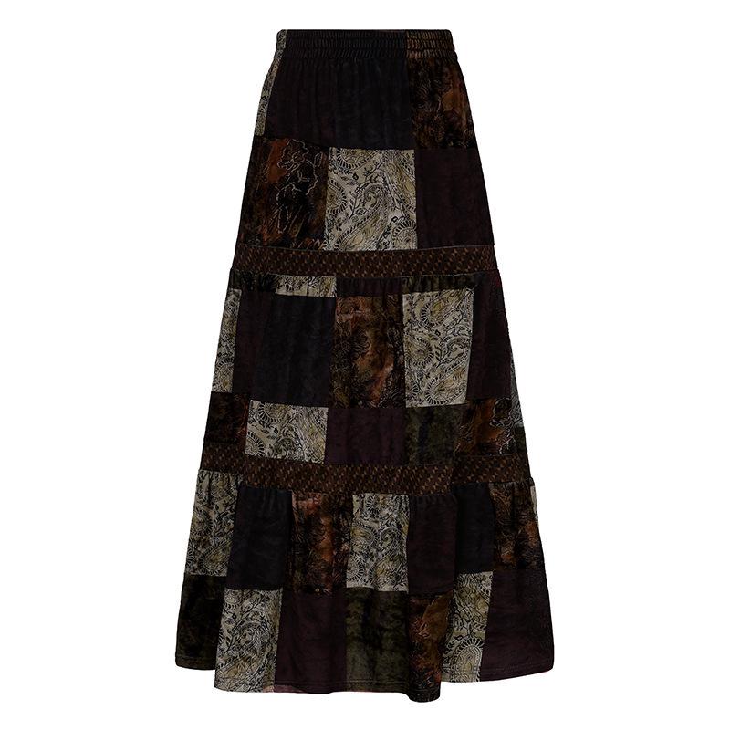 

Vintage American Low Waist Retro Velvet Skirt with Totem Print and Color Blocking Large коричневий