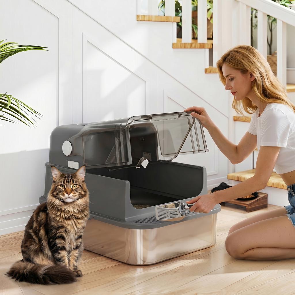Lettiera per Gatti in Acciaio Inossidabile con Coperchio XXL 72L per Gatti Grandi e Multipli con Doppia Porta, Paletta, Pedale, Anti-Perdita