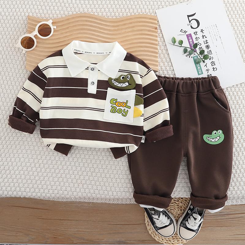 

Комплект из двух предметов с длинными рукавами для мальчиков от 0 до 5 лет: детская полосатая рубашка-поло с рисунком крокодила + повседневные брюки L коричневый