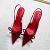 French Burgundy One-word High Heels, Bow 2025 New Models, Beautiful Outer Wear, Pointed Head, Thin Heel, Bag Head, Sandals Women